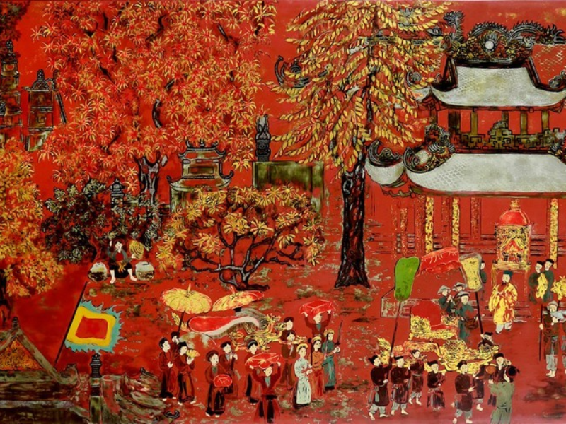 Bức tranh Lễ Hội Đầu Năm rực rỡ sắc xuân, tái hiện không khí lễ hội truyền thống Việt Nam với cờ hoa, múa lân và chợ xuân náo nhiệt.
