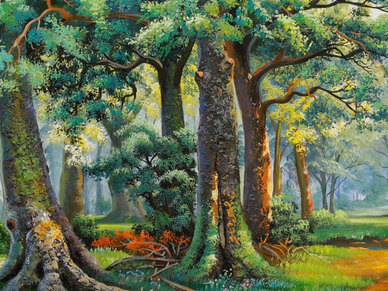 Tranh rừng cây cổ thụ