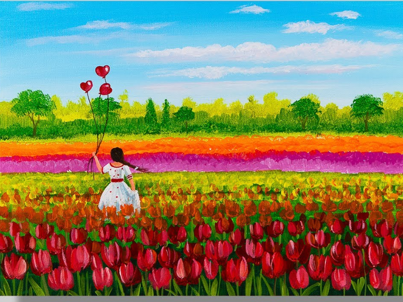 Giữa cánh đồng Tulip rực rỡ, cô gái nhỏ với chùm bóng bay trái tim mang theo niềm tin và khát vọng bay cao. Bức tranh gợi lên vẻ đẹp lãng mạn, bình yên và tràn đầy sức sống.
