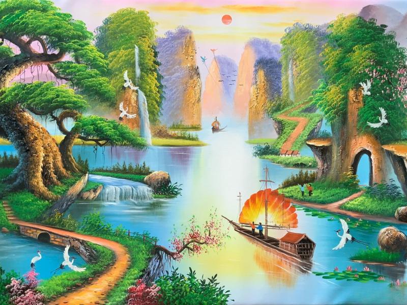 Bức tranh tái hiện khung cảnh thiên nhiên thanh bình với núi non hùng vĩ, sông nước êm đềm, thác đổ trắng xóa và cánh buồm căng gió ra khơi.
