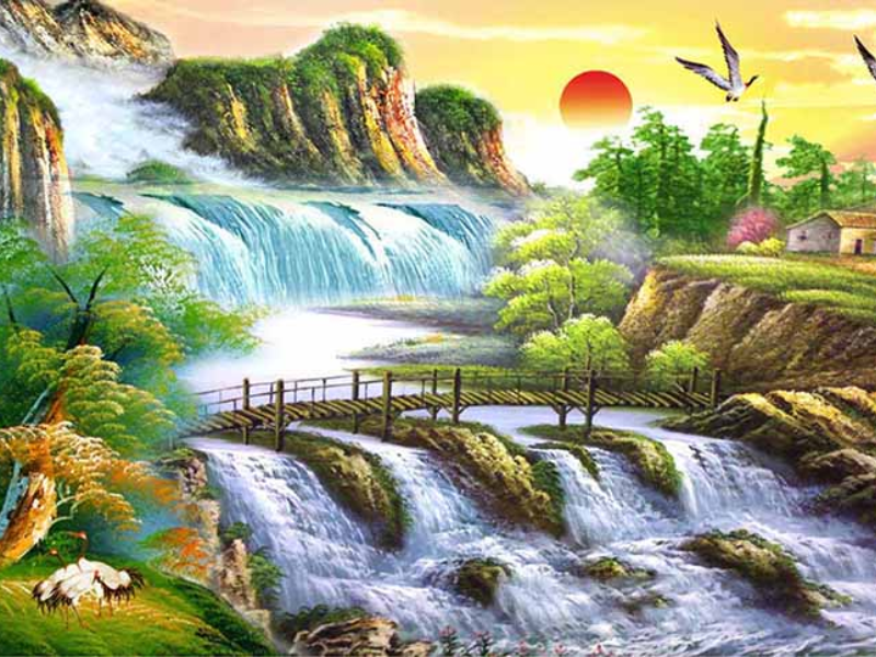 Cảnh núi non hùng vĩ, thác nước chảy, dòng sông uốn lượn, cây cối xanh tươi, mặt trời đỏ rực, Chim Hạc tung cánh.