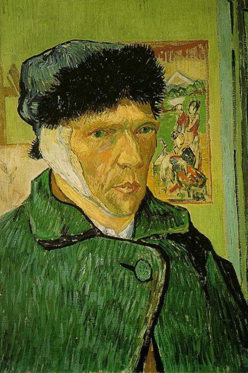 Bức Self-Portrait with Bandaged Ear (1889) khắc họa Van Gogh sau sự cố tự cắt tai, với gương mặt xanh xao và ánh mắt kiên nghị. Tác phẩm là biểu tượng cho nỗi đau, sự đấu tranh nội tâm nhưng cũng thể hiện ý chí sáng tạo mãnh liệt của ông.