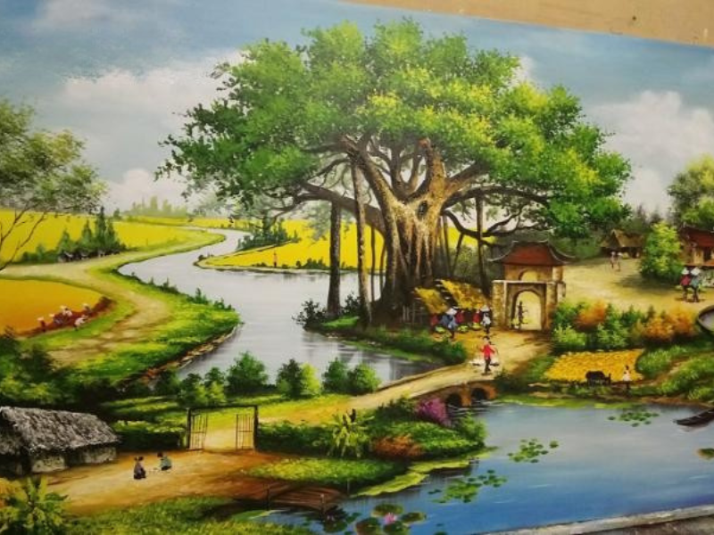 Bức tranh khắc họa không gian làng quê Bắc Bộ Việt Nam rất điển hình, với đầy đủ những yếu tố biểu tượng: cây đa, sân đình, đường làng và cuộc sống sinh hoạt của người dân.
