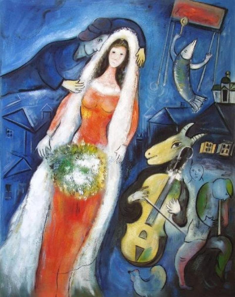 Bức tranh La Mariée (The Bride) của Marc Chagall khắc họa hình ảnh cô dâu trong chiếc váy đỏ rực rỡ, nổi bật giữa không gian mộng mơ và siêu thực. Tác phẩm tôn vinh tình yêu, hôn nhân và vẻ đẹp huyền diệu của cảm xúc lứa đôi.