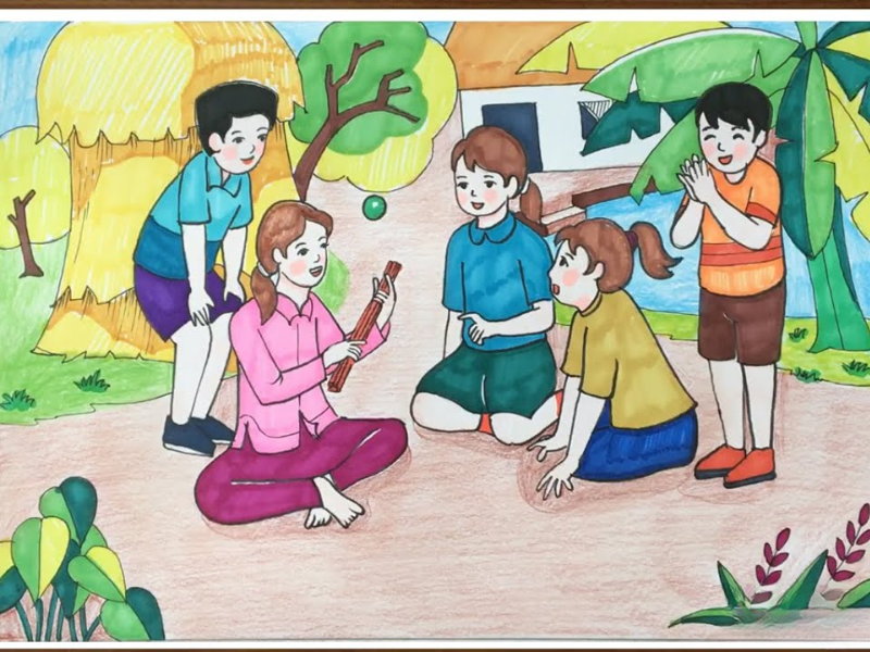 Bức tranh gợi nhớ tuổi thơ hồn nhiên với những trò chơi dân gian, nơi tình bạn gắn kết và tiếng cười vang vọng khắp sân quê.