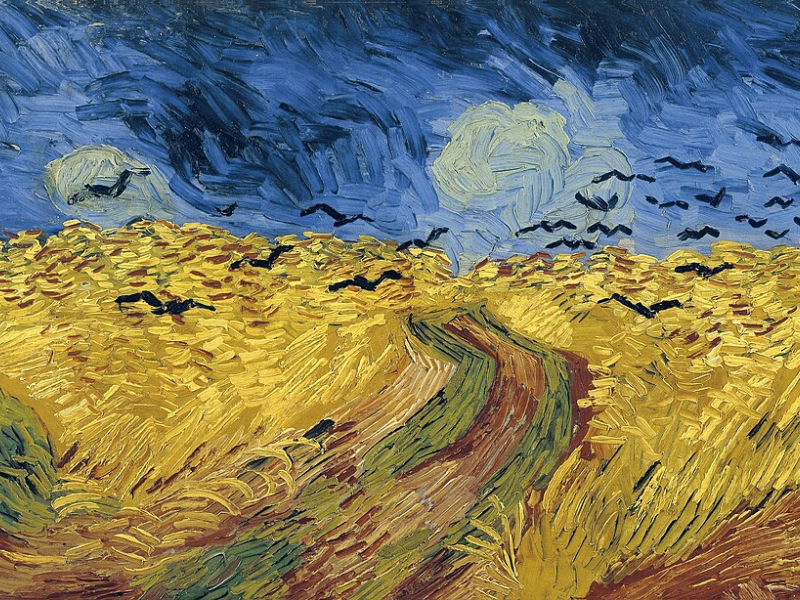 Bức Wheatfield with Crows (1890) của Van Gogh khắc họa cánh đồng lúa mì vàng rực dưới bầu trời u ám với đàn quạ đen bay lượn. Tác phẩm thường được xem như “bức di chúc hội họa” của ông, chất chứa nỗi cô đơn và cảm xúc mãnh liệt cuối đời.