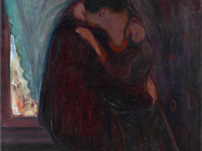 Bức tranh The Kiss (1897) của Edvard Munch khắc họa đôi tình nhân ôm hôn đến mức gương mặt như hòa làm một. Tác phẩm vừa thể hiện sự gắn kết mãnh liệt, vừa ẩn dụ cho nỗi sợ mất bản ngã trong tình yêu.