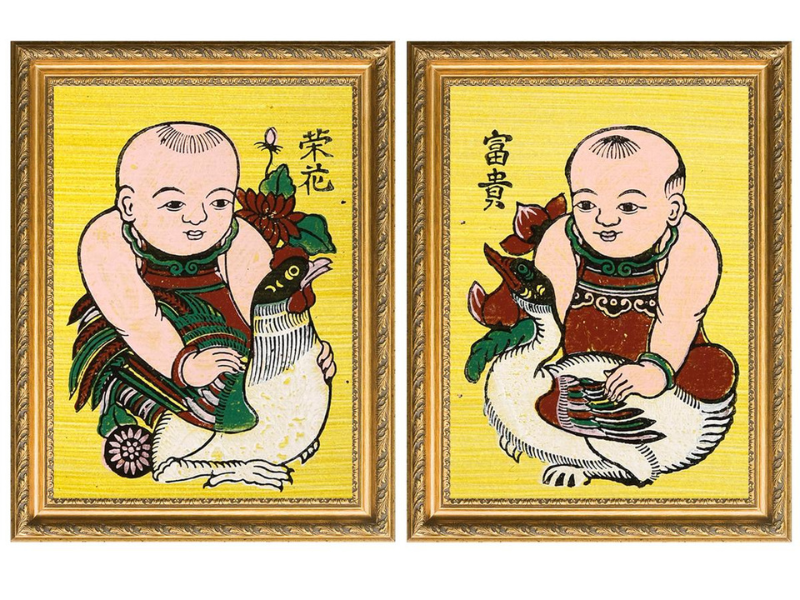 Bức tranh thể hiện mong ước con đàn cháu đống, gia đình thịnh vượng, hạnh phúc trọn vẹn. Đây là cặp tranh Tết rất được ưa chuộng.