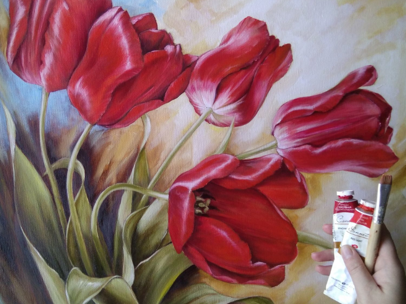 Tranh vẽ cánh đồng Tulip đỏ không chỉ là điểm nhấn nghệ thuật đầy ấn tượng, mà còn là lời nhắn gửi về tình yêu, khát vọng và sự bền bỉ trong cuộc sống.