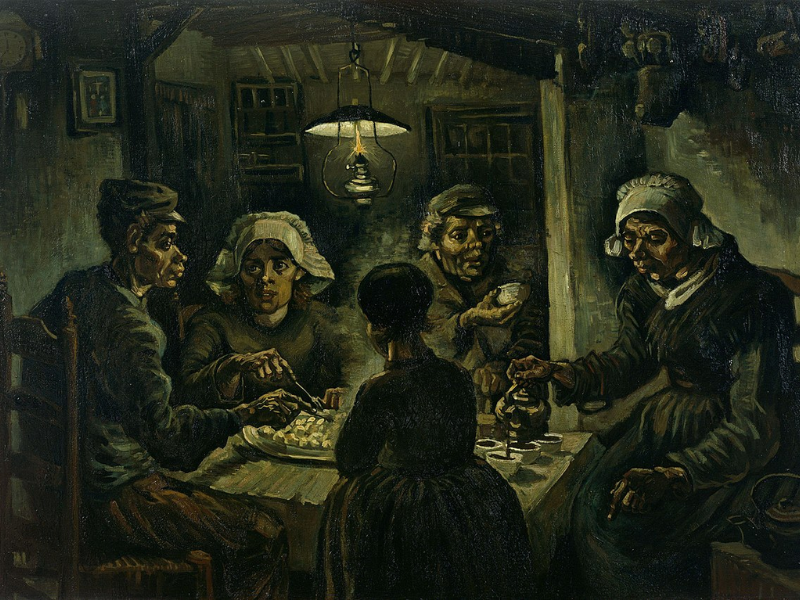 Bức The Potato Eaters (1885) khắc họa cảnh gia đình nông dân quây quần bên bữa tối giản dị với khoai tây, trong không gian tối tăm và mộc mạc. Tác phẩm tôn vinh sự lao động lam lũ, chân thật và là cột mốc quan trọng trong sự nghiệp của Van Gogh.