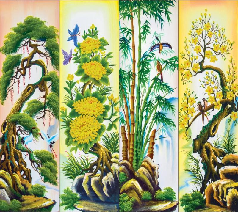 Tranh Tứ Quý (Tùng - Cúc - Trúc - Mai) không chỉ mang ý nghĩa may mắn, trường thọ mà còn thể hiện sự kiên cường và bền bỉ.