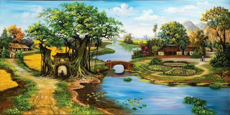 Tranh cây đa giếng nước sân đình gắn liền với hình ảnh làng quê thanh bình