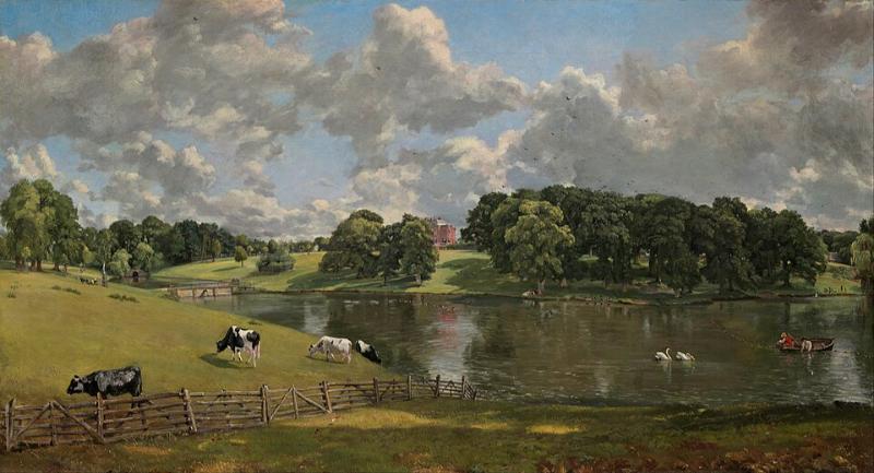 Tranh khắc họa Wivenhoe Park, một khu đất rộng lớn ở Essex, với hồ nước, đồng cỏ và những hàng cây rợp bóng.