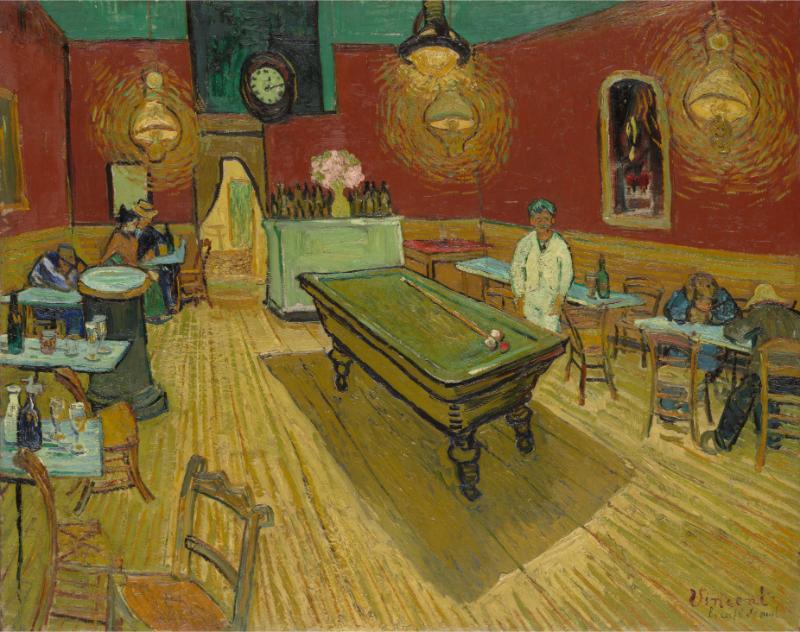 Bức The Night Café (1888) của Van Gogh tái hiện quán cà phê với gam màu đỏ, xanh và vàng đối lập, tạo cảm giác ngột ngạt và bất an. Tác phẩm phản ánh mặt tối của đời sống đô thị và tâm trạng bất ổn của danh họa.