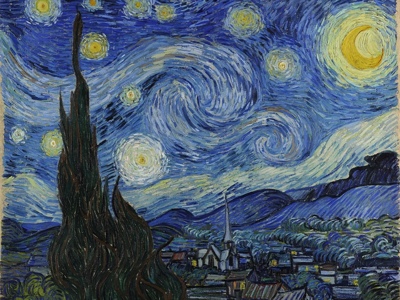 Bức The Starry Night (1889) của Van Gogh khắc họa bầu trời đêm xoáy động, rực rỡ ánh sáng đối lập với ngôi làng tĩnh lặng. Tác phẩm là biểu tượng của nghệ thuật hậu ấn tượng và khát vọng sáng tạo mãnh liệt của danh họa.