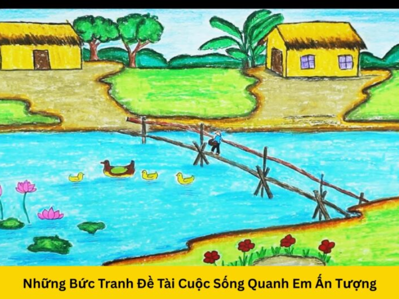 Bức tranh khắc họa khung cảnh làng quê yên bình với ngôi nhà mái tranh, ao sen trong xanh và đàn vịt bơi lội, gợi lên cuộc sống giản dị, gần gũi với thiên nhiên.