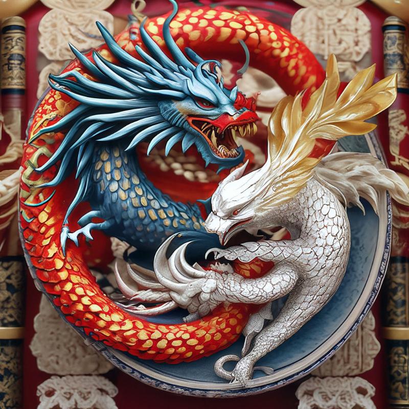 Tranh Rồng Phượng họa tiết kim long bạch phụng vòng âm dương