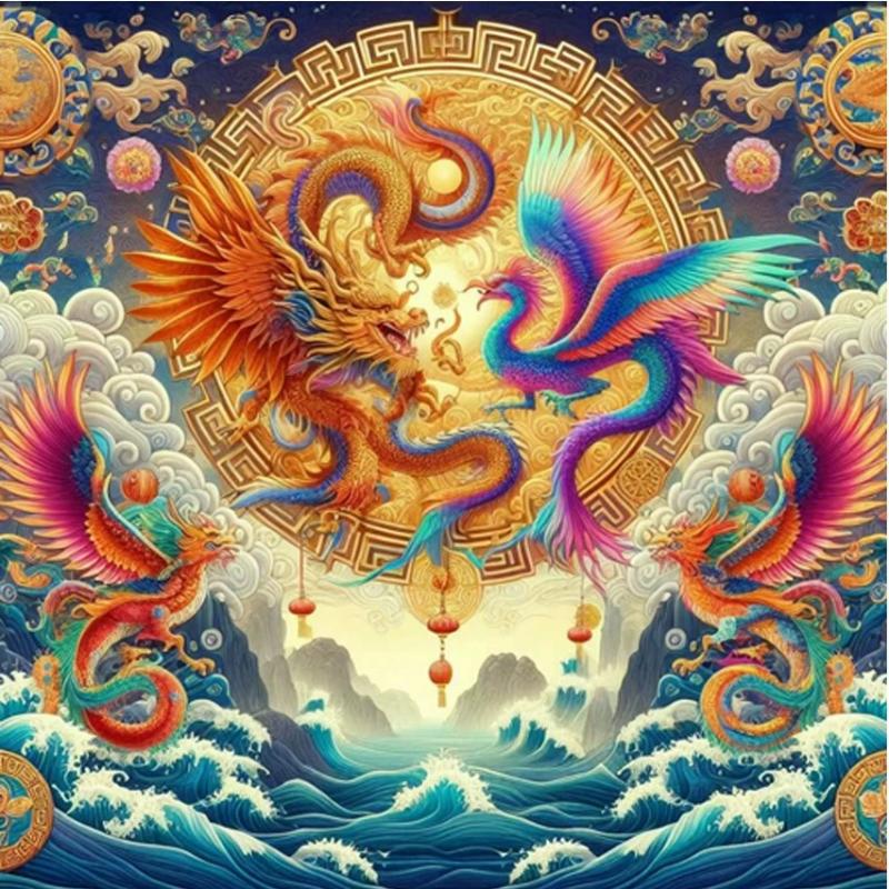 Tranh Rồng Phượng ngọc lục bảo phượng hoàng đỏ họa tiết mây