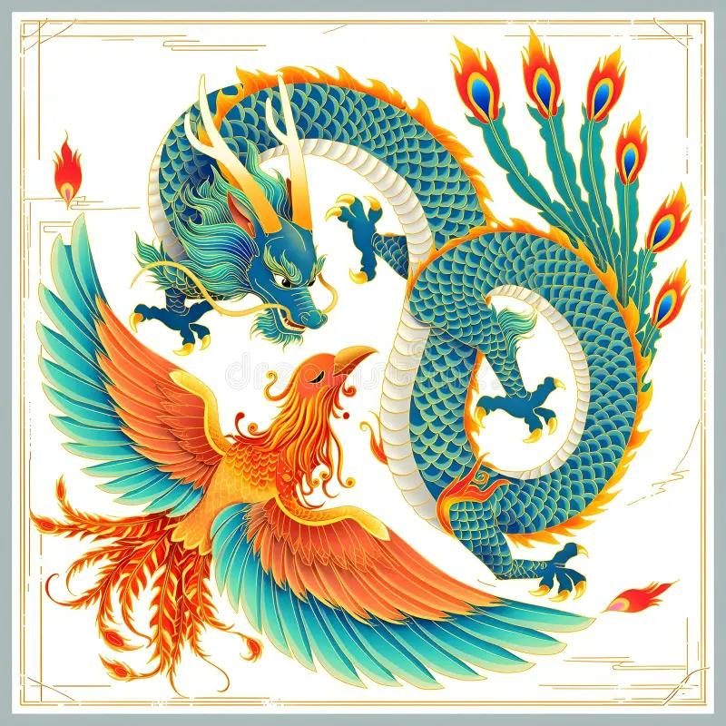 Tranh Rồng Phượng xanh lục phượng hoàng đỏ nền trắng tinh