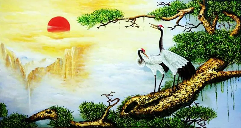 Tranh Tùng Hạc Diên Niên khổ ngang thích hợp để trang trí không gian phòng khách, phòng làm việc