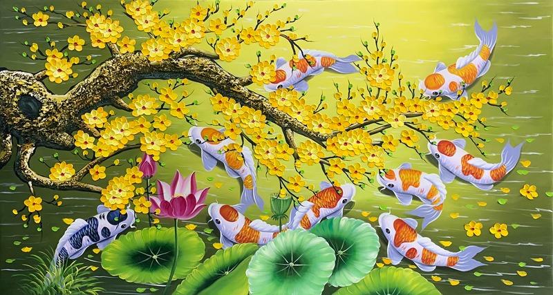 Tranh Cửu Ngư Quần Hội với hình ảnh 9 con cá chép bơi lội quanh hoa sen, biểu tượng cho sự sung túc và thịnh vượng