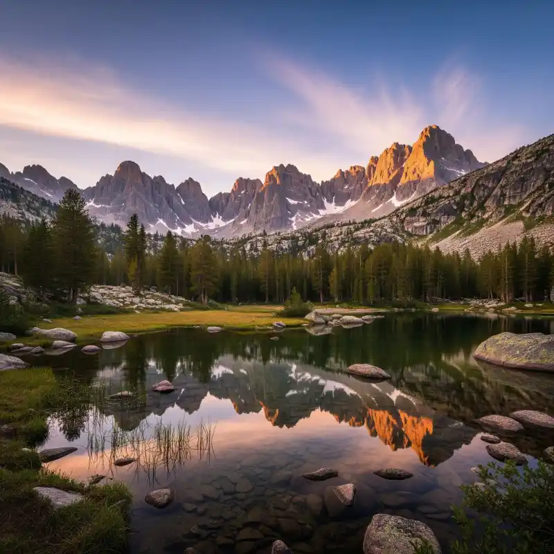 Tranh phong cảnh núi rừng hồ nước trong xanh phản chiếu núi non lúc bình minh.