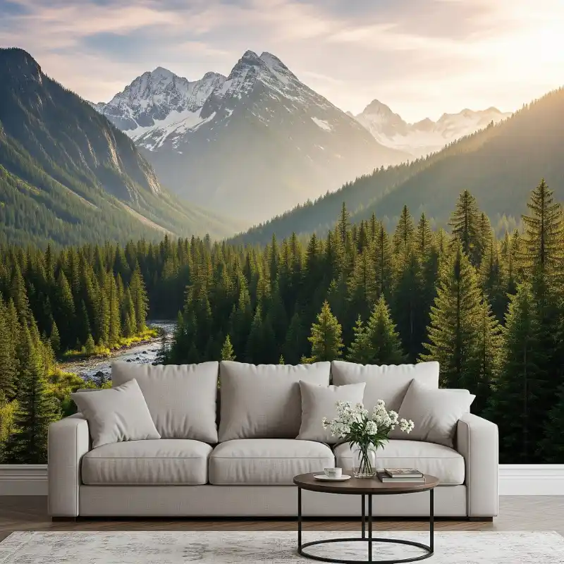 Tranh phong cảnh núi rừng dán tường, góc nhìn từ thung lũng yên bình buổi sớm mai.