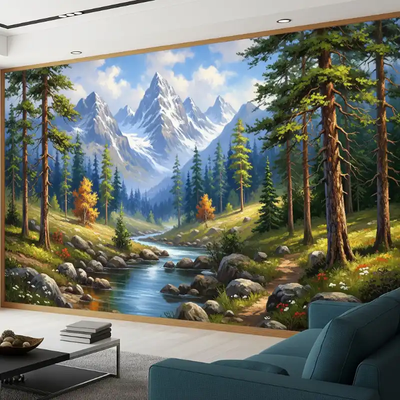 Tranh phong cảnh núi rừng sơn dầu rực rỡ với dòng suối và hoa cỏ ven đường.