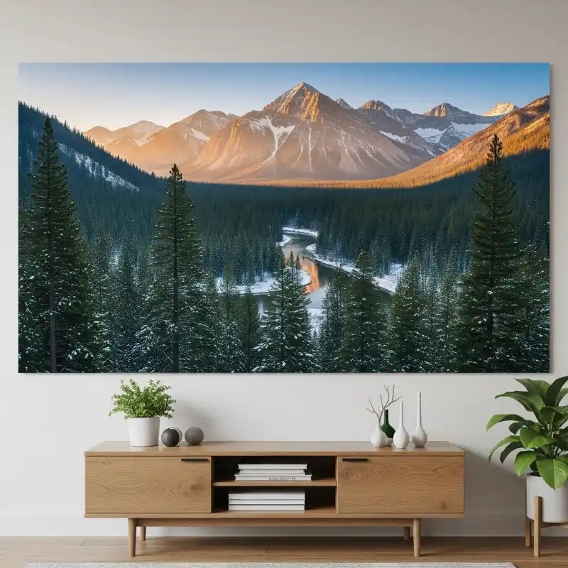 Tranh phong cảnh núi rừng mùa đông với ánh nắng vàng trên đỉnh núi tuyết trắng.