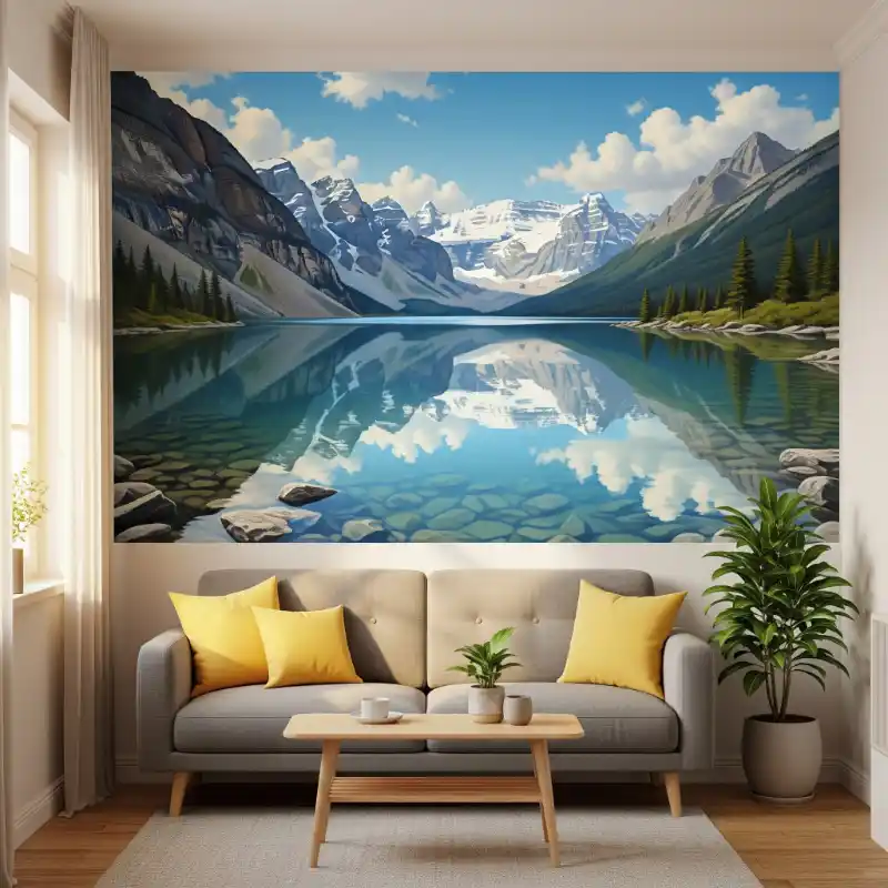 Tranh phong cảnh núi rừng hồ Moraine, Canada với mặt nước xanh ngọc bích.