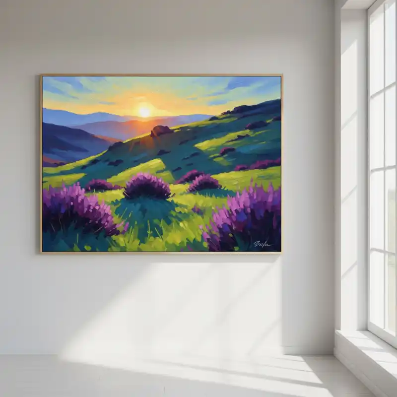 Tranh phong cảnh núi rừng hiện đại, đồi hoa tím lãng mạn trong ánh hoàng hôn.