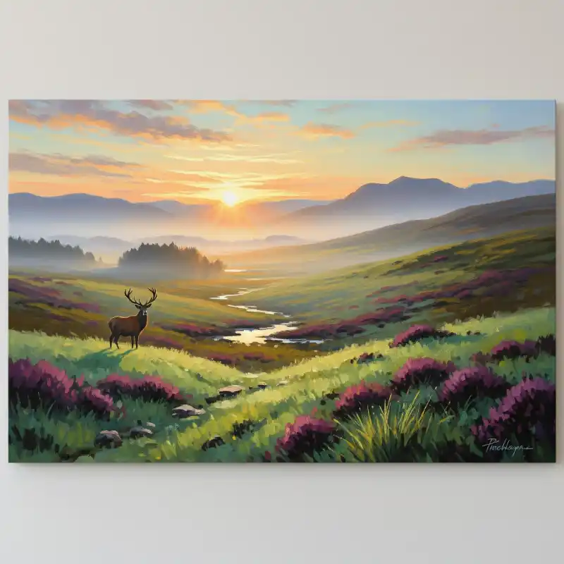 Tranh phong cảnh núi rừng cao nguyên hoang dã với chú hươu và hoa thạch thảo.