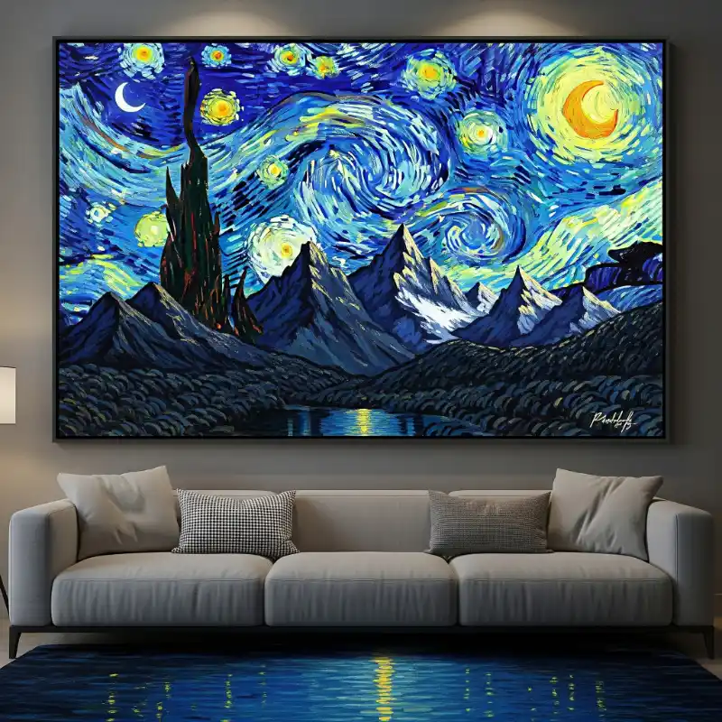 Tranh phong cảnh núi rừng độc đáo theo phong cách Đêm Đầy Sao của Van Gogh.