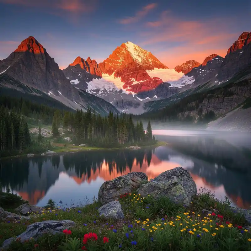 Tranh phong cảnh núi rừng hoàng hôn nhuộm đỏ đỉnh núi, phản chiếu xuống mặt hồ.