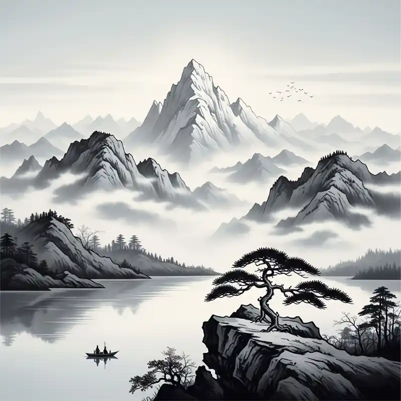 Tranh phong cảnh núi rừng thủy mặc Trung Hoa với núi non và sương khói mờ ảo.