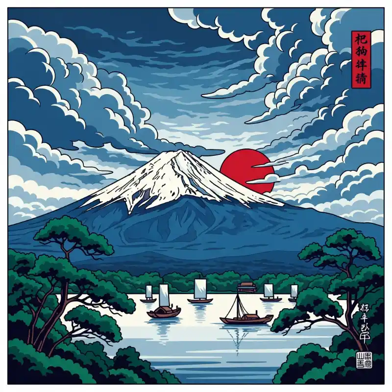 Tranh phong cảnh núi rừng phong cách Ukiyo-e Nhật Bản với núi Phú Sĩ và mặt trời đỏ.