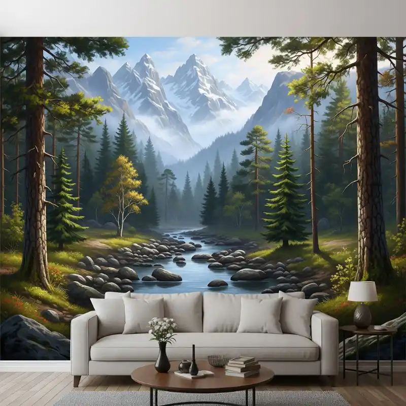 Tranh phong cảnh núi rừng dán tường 3D với suối chảy qua rừng thông và núi tuyết.