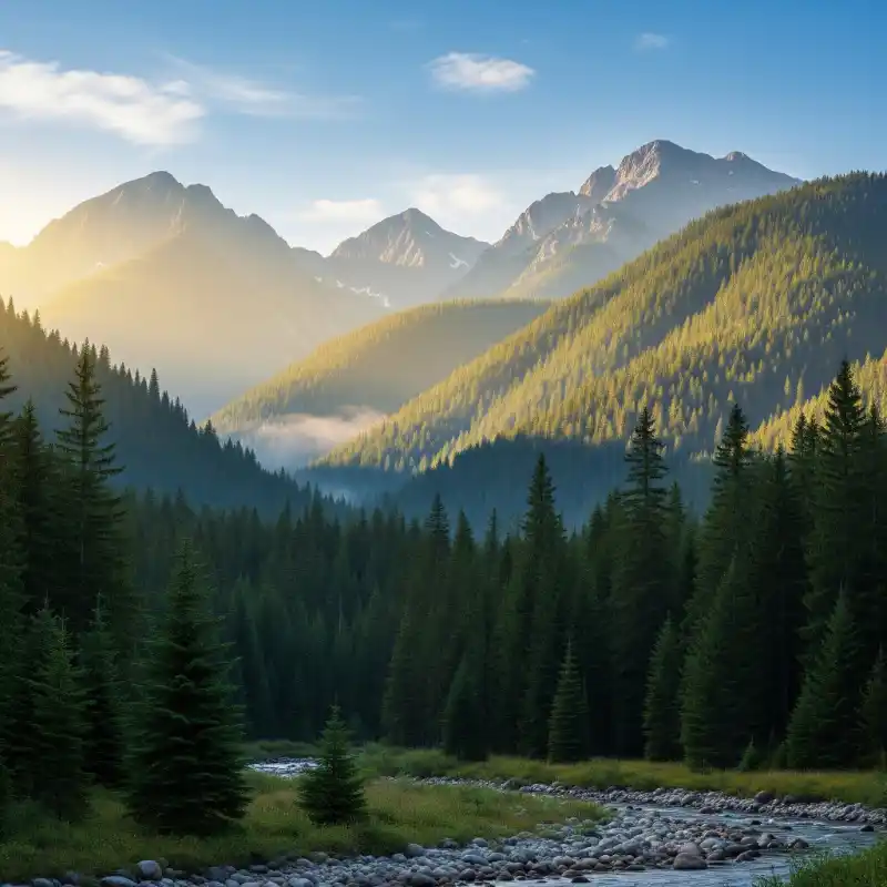 Tranh phong cảnh núi rừng thung lũng xanh tươi đón những tia nắng ban mai rực rỡ.