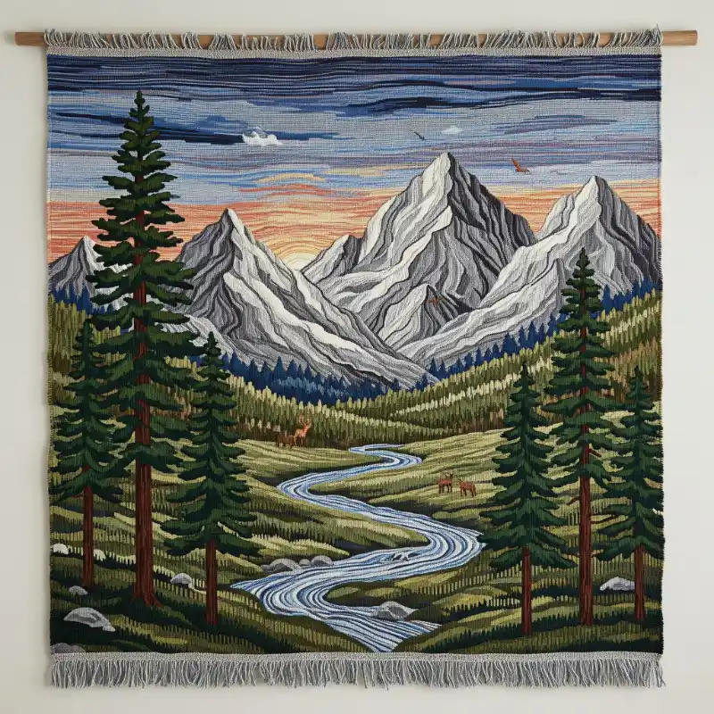 Tranh phong cảnh núi rừng dệt thảm treo tường với dòng sông uốn lượn và đàn hươu.