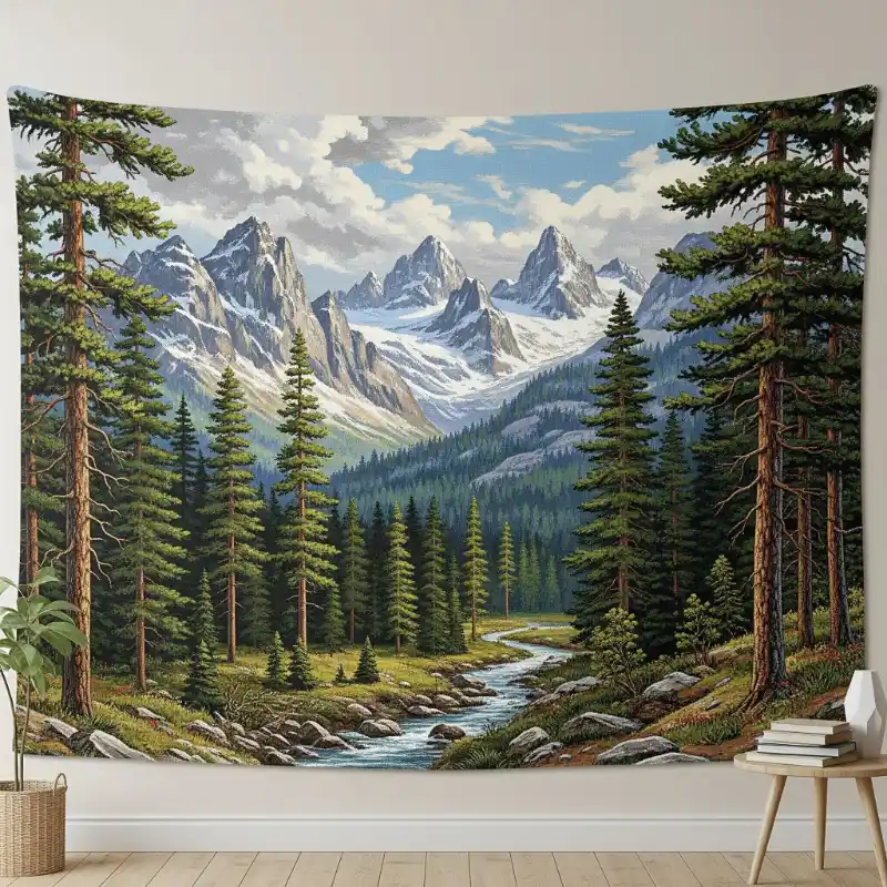 Tranh phong cảnh núi rừng treo tường khổ lớn, tái hiện cảnh núi tuyết và suối trong.
