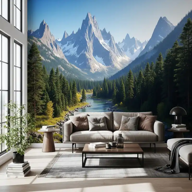 Tranh phong cảnh núi rừng dán tường hiện đại, mở ra không gian thung lũng hùng vĩ.