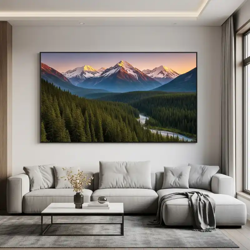 Tranh phong cảnh núi rừng panorama với dãy núi tuyết trong ánh hoàng hôn vàng.