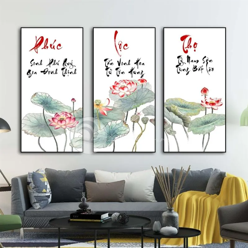 Tranh thư pháp chữ Phúc Lộc Thọ in trên vải canvas