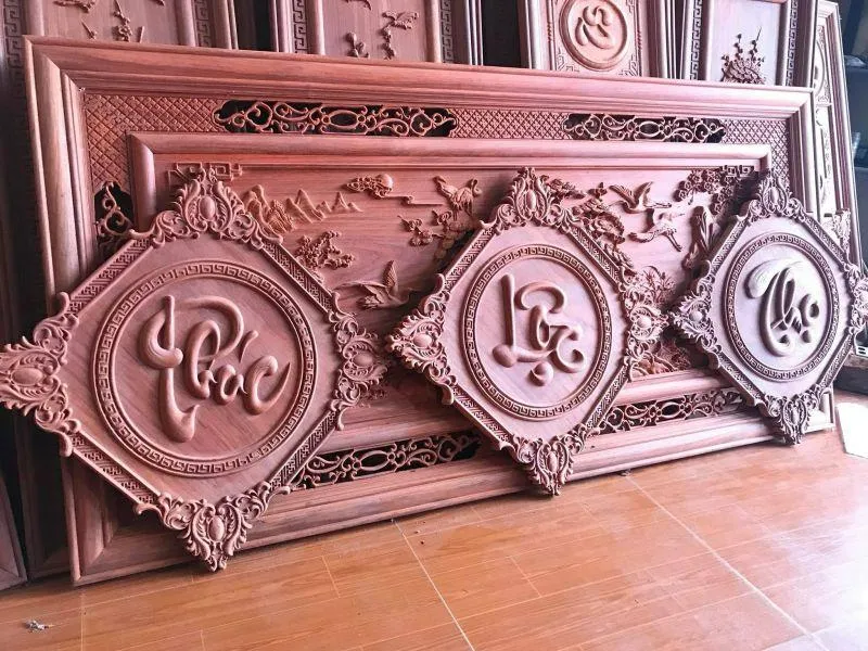 Tranh chữ Phúc Lộc Thọ khắc gỗ treo phòng khách phong cách Indochine Đông Dương