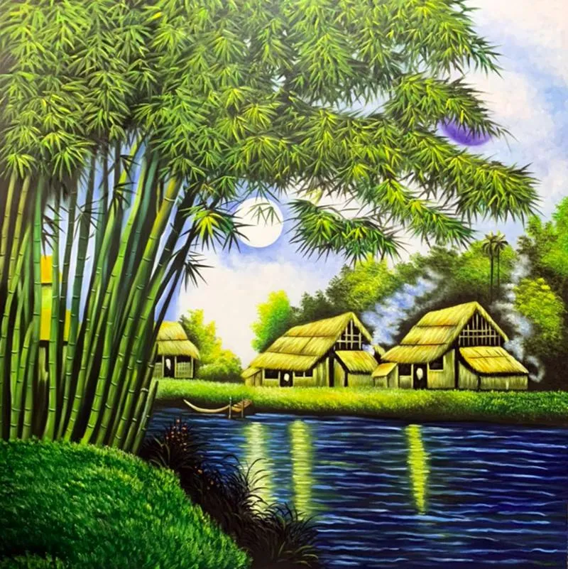 Tranh sơn dầu miêu tả chi tiết lũy tre làng, kết hợp với phong cảnh làng quê thanh bình