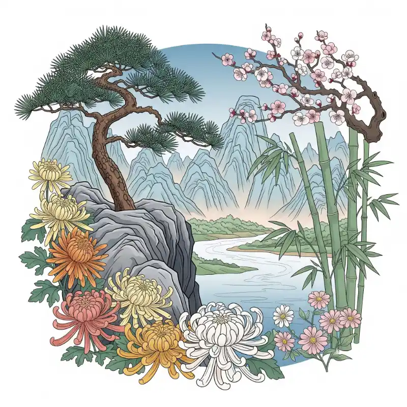 Tranh tứ quý Tùng Cúc Trúc Mai trong khung cảnh sơn thủy hữu tình, phong cách vẽ minh họa hiện đại.