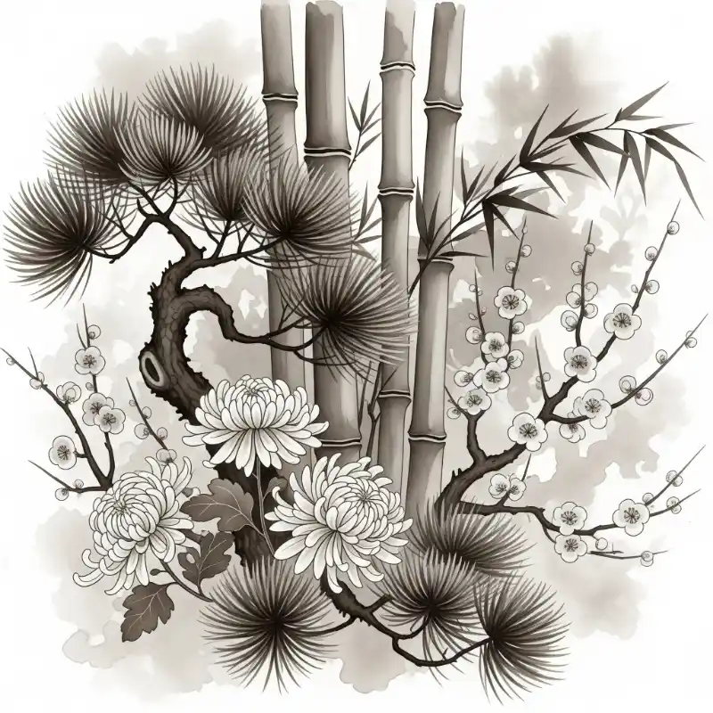 Tranh tứ quý Tùng Cúc Trúc Mai theo phong cách tranh thủy mặc (sumi-e), sử dụng sắc đen trắng đầy tính nghệ thuật.