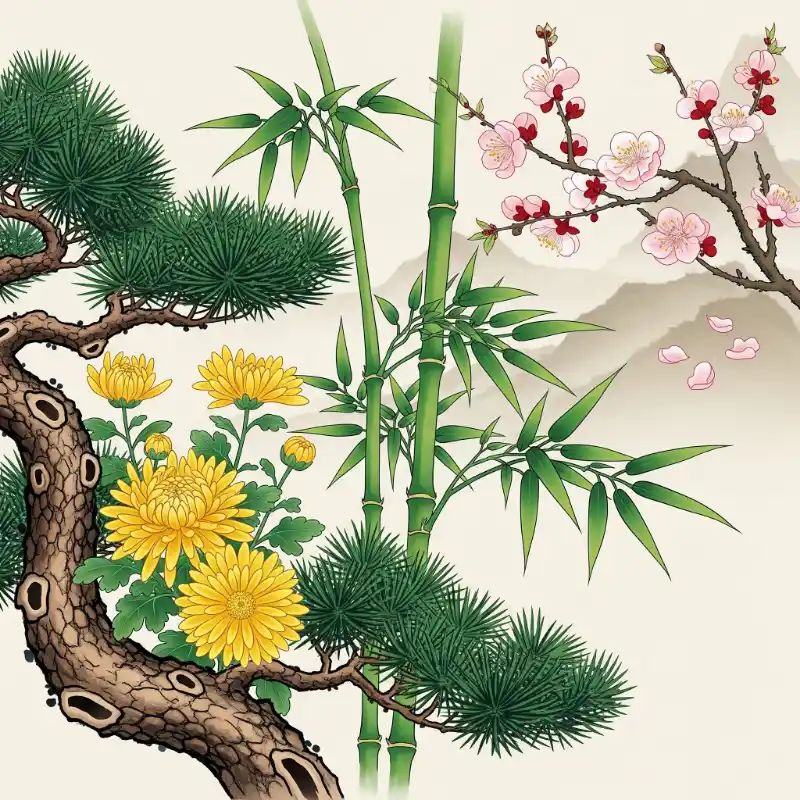 Tranh tứ quý kỹ thuật số hiện đại, phác họa Tùng Trúc Cúc Mai bên cạnh núi non mờ sương.