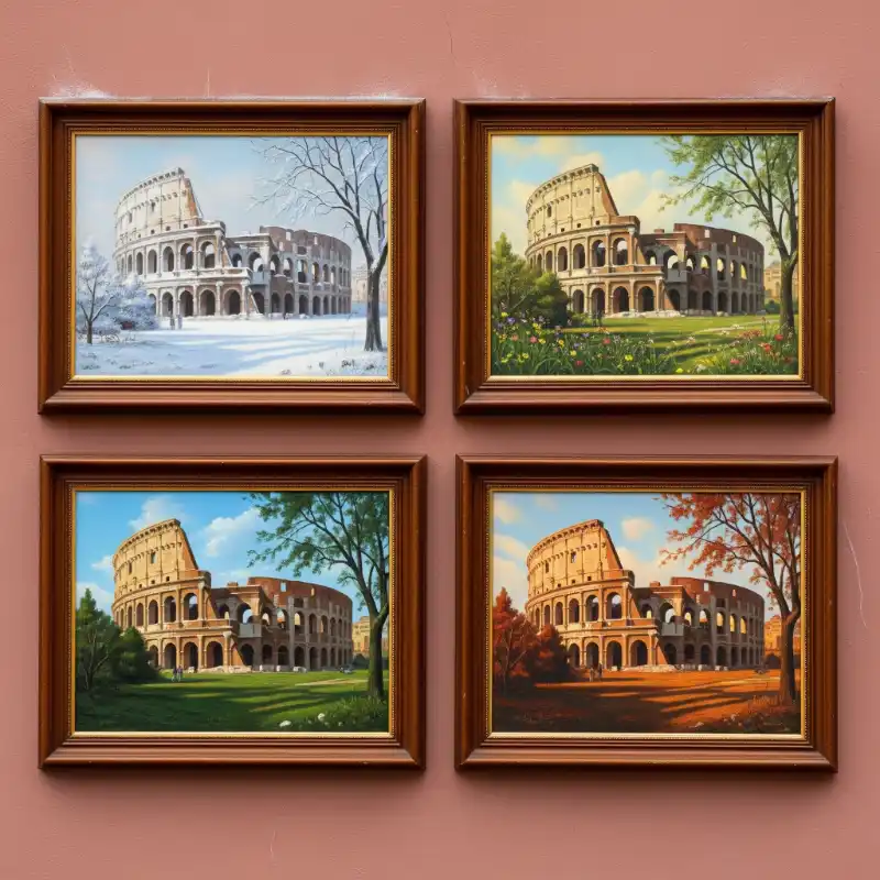 Tranh tứ quý bộ bốn bức vẽ đấu trường La Mã Colosseum qua bốn mùa Xuân, Hạ, Thu, Đông.