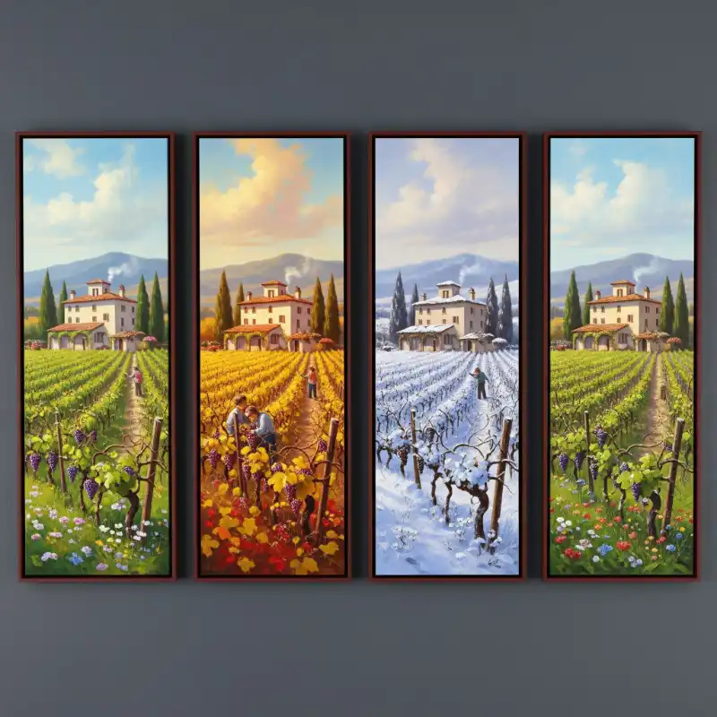 Tranh tứ quý bộ bốn bức vẽ vườn nho vùng Tuscany, Ý qua các mùa gieo trồng và thu hoạch.